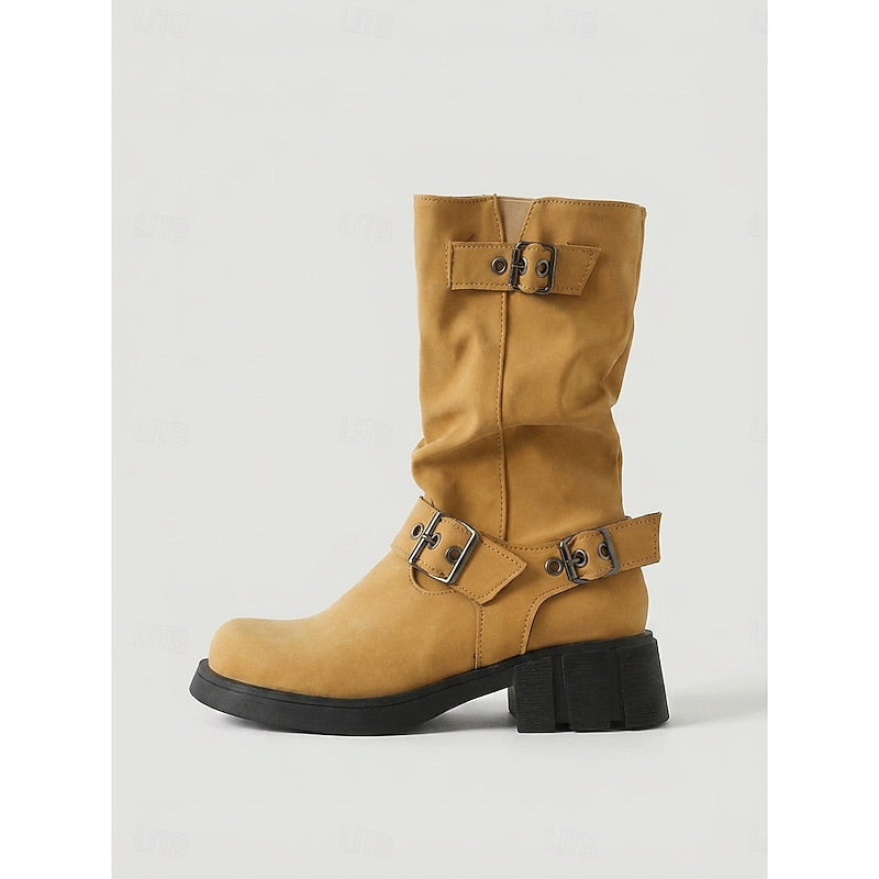 Buckled mid-calf slouch boots for women