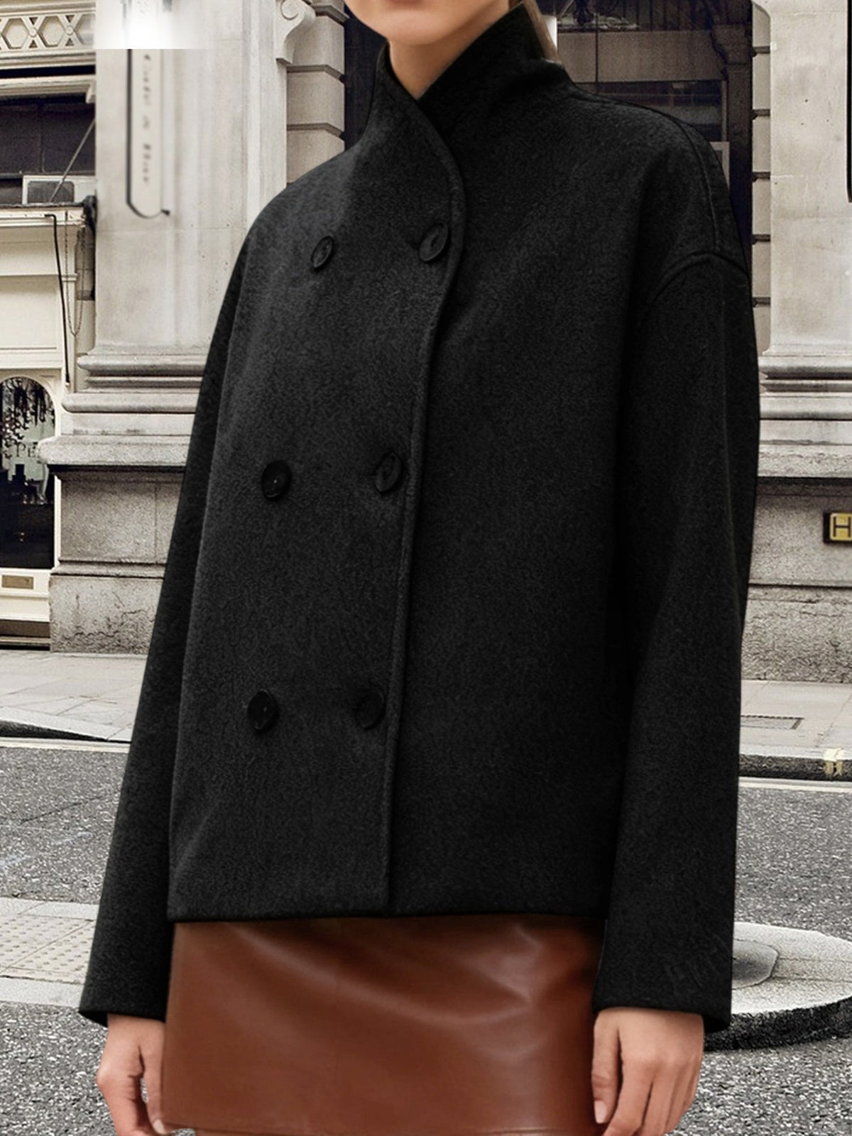 Cropped stand collar pea coat for women