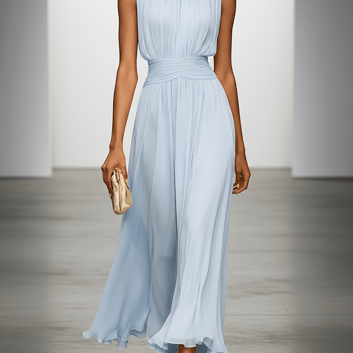 Vestido largo plisado para mujer con cintura fruncida