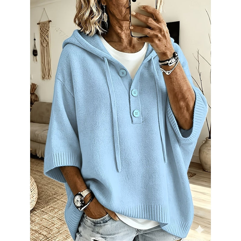 Oversized button hooded knit sweater for women