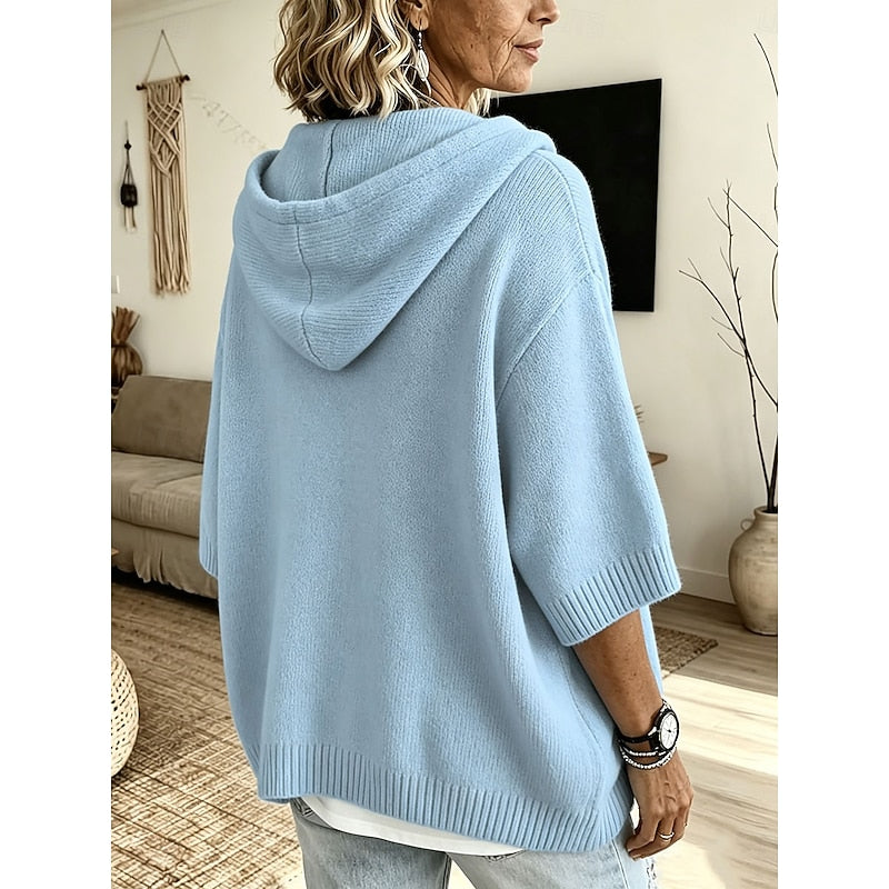 Oversized button hooded knit sweater for women