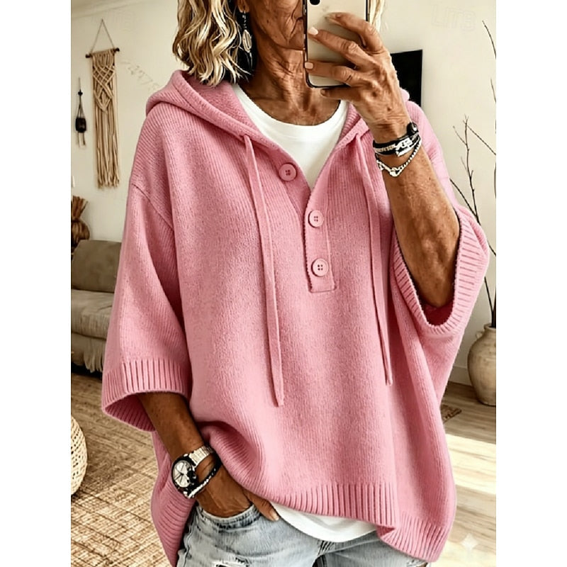 Oversized button hooded knit sweater for women
