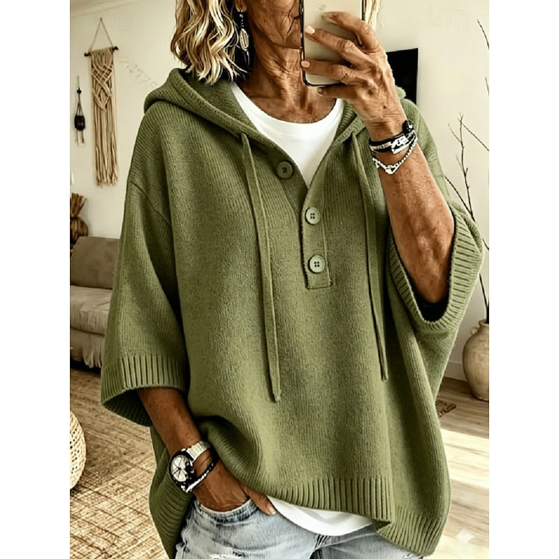 Oversized button hooded knit sweater for women