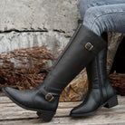 Buckle strap block heel riding boots for women