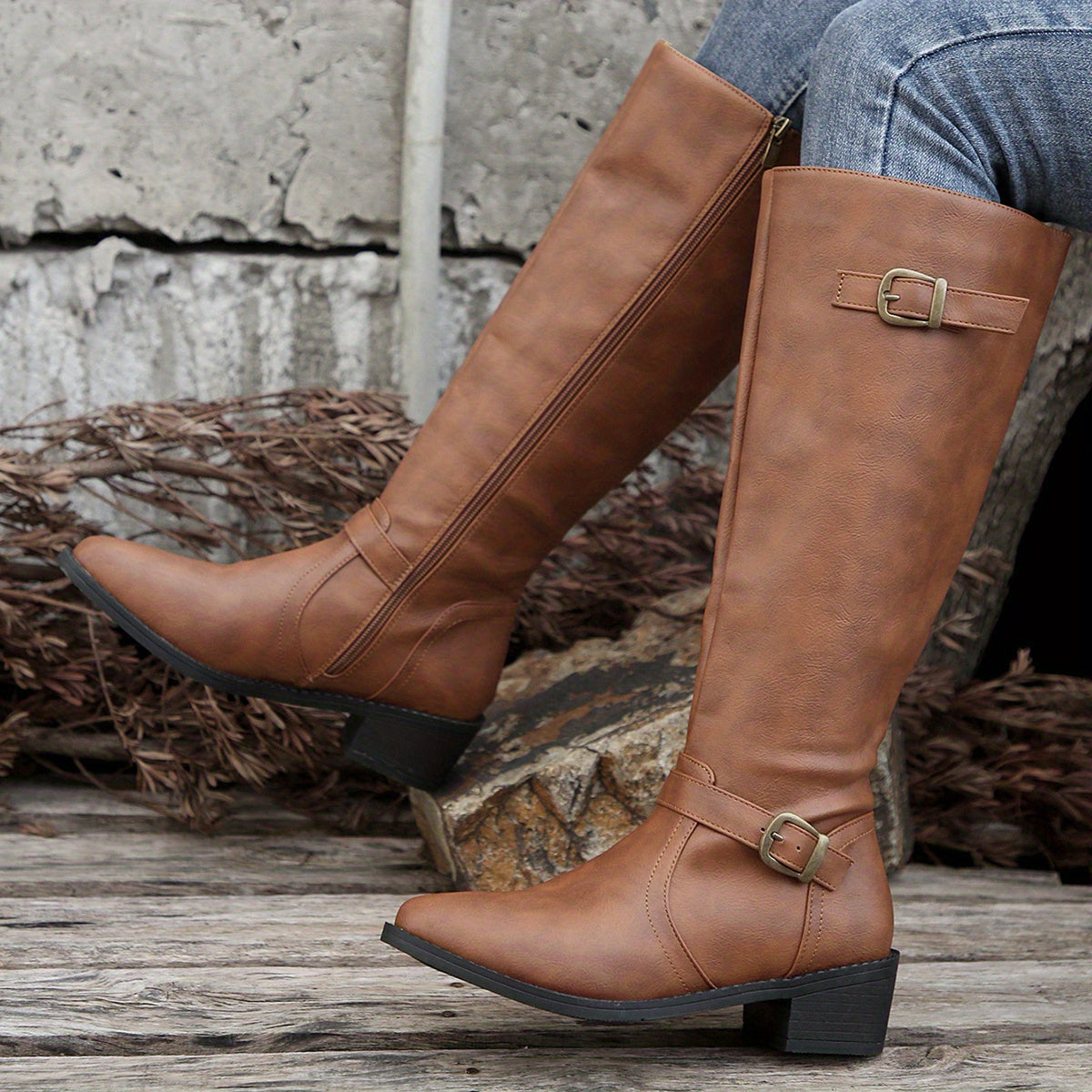 Buckle strap block heel riding boots for women