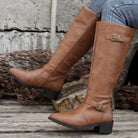 Buckle strap block heel riding boots for women