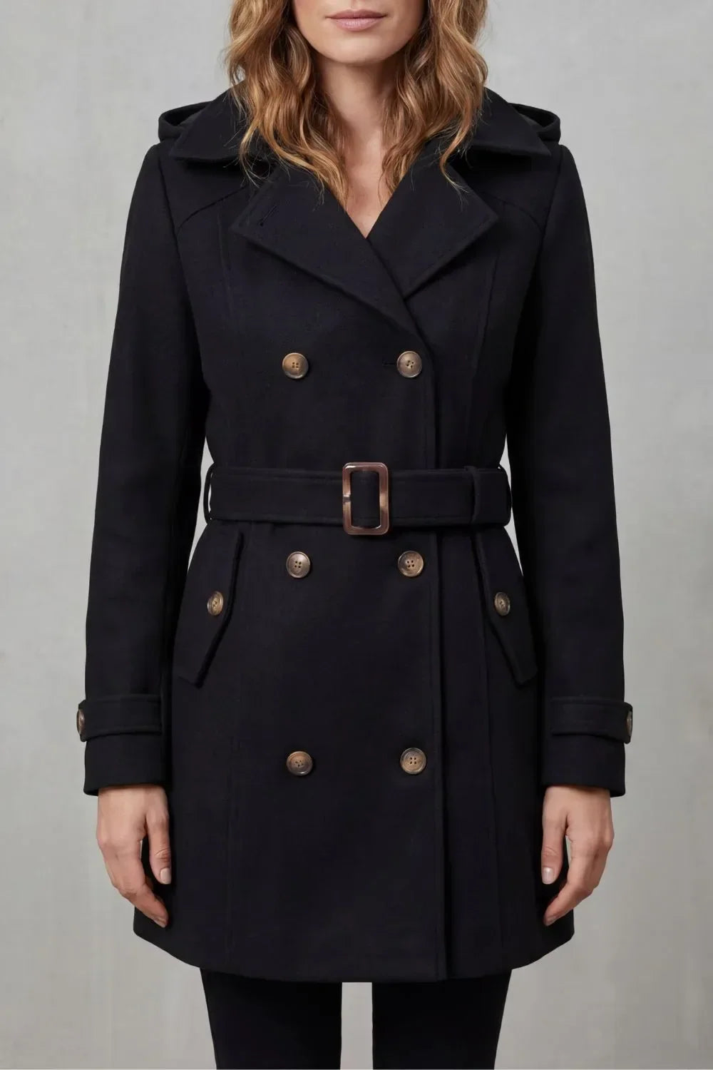 Hooded double-breasted trench belted coat for women