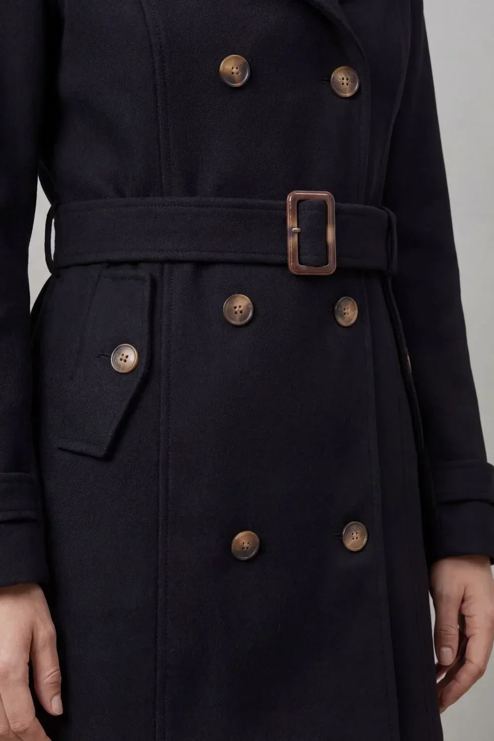 Hooded double-breasted trench belted coat for women