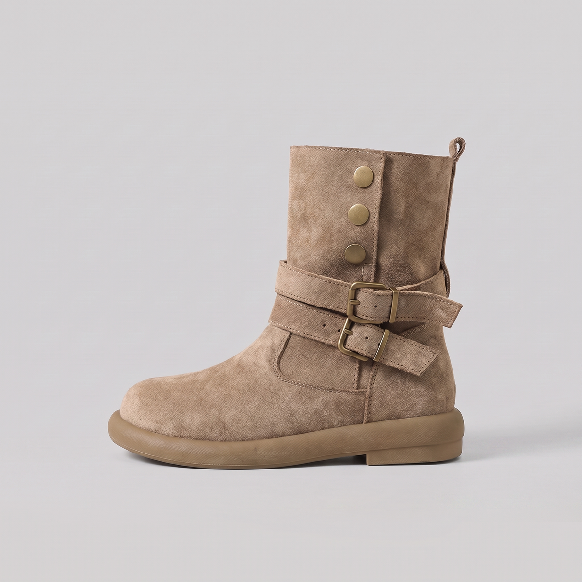 Flat suede-look double buckle boots for women