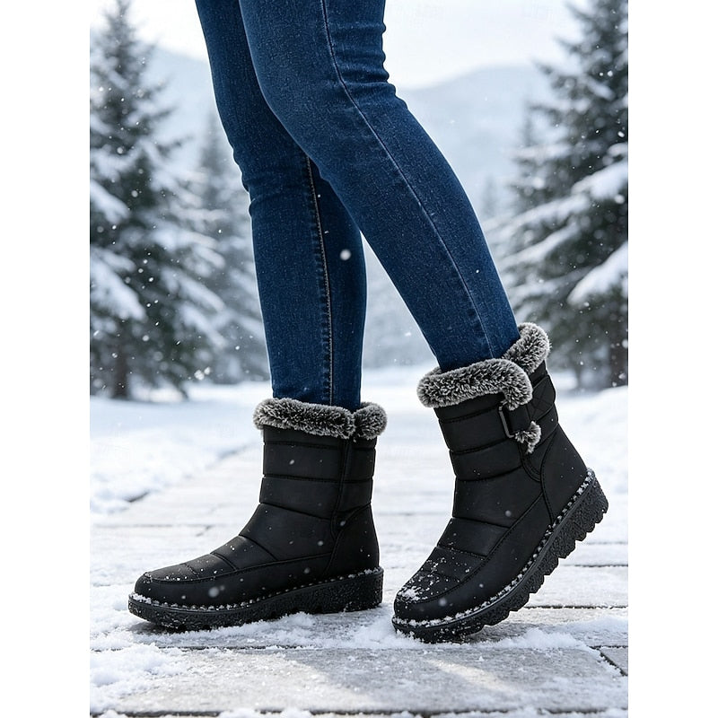 Waterproof fur collar buckle snow boots for women