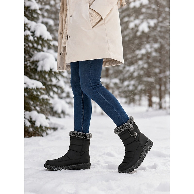 Waterproof fur collar buckle snow boots for women