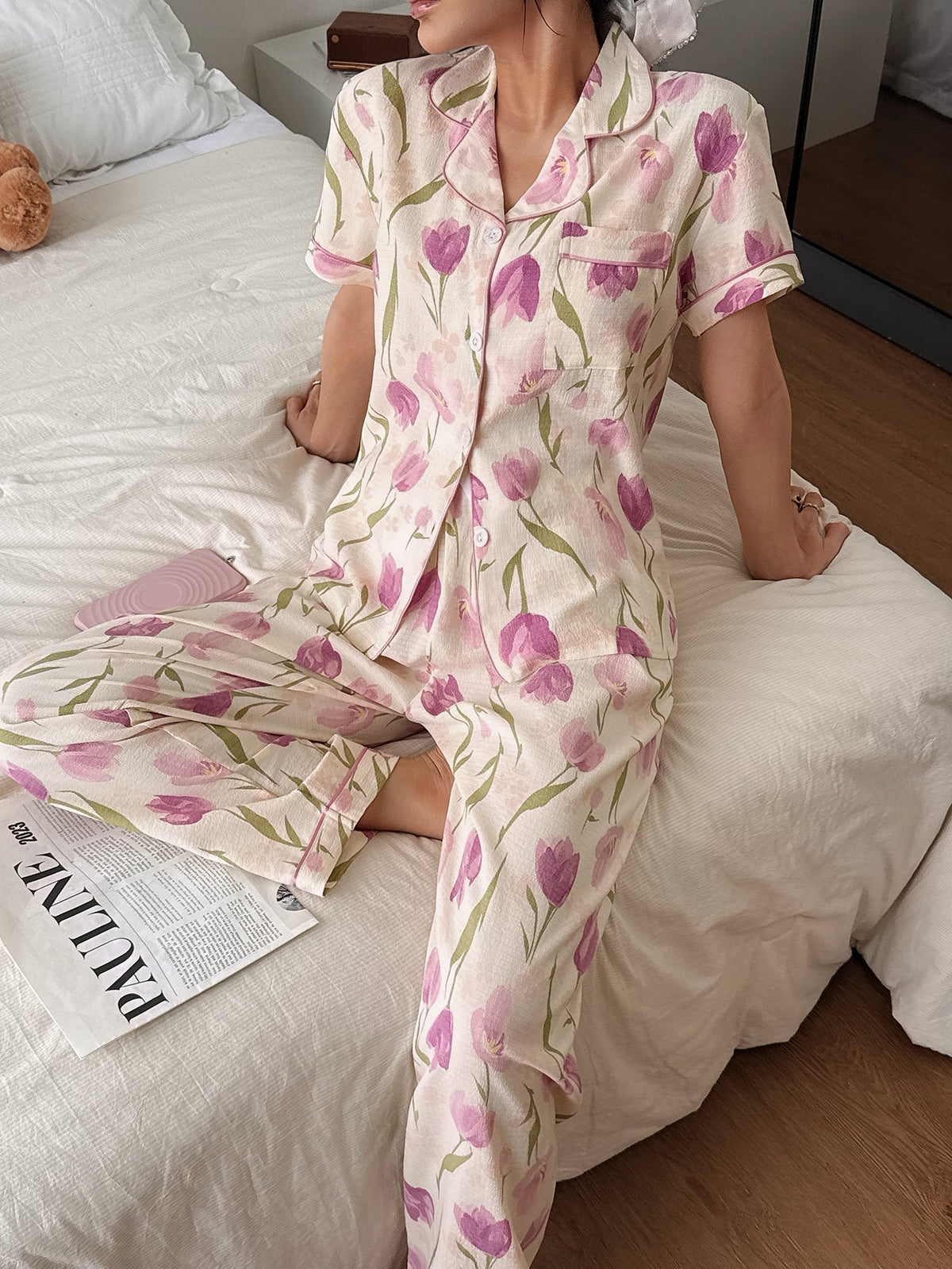 Floral pajama set in apricot for women