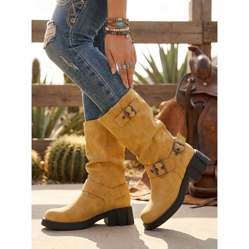 Buckled mid-calf slouch boots for women