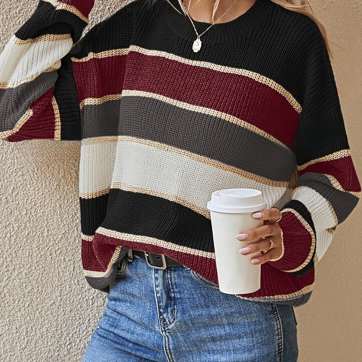 Striped color block sweater in burgundy, apricot and olive for women