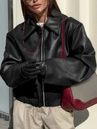 Cropped faux leather jacket for women in burgundy, black, maroon or dark brown