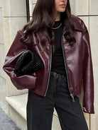 Cropped faux leather jacket for women in burgundy, black, maroon or dark brown