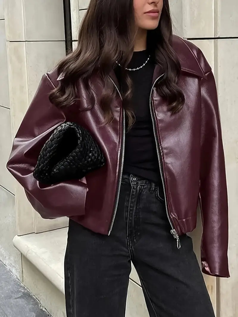 Cropped faux leather jacket for women in burgundy, black, maroon or dark brown