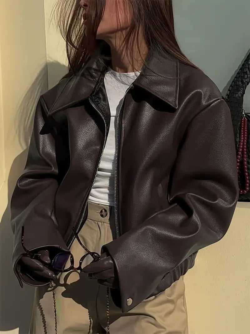 Cropped faux leather jacket for women in burgundy, black, maroon or dark brown