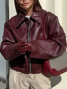 Cropped faux leather jacket for women in burgundy, black, maroon or dark brown