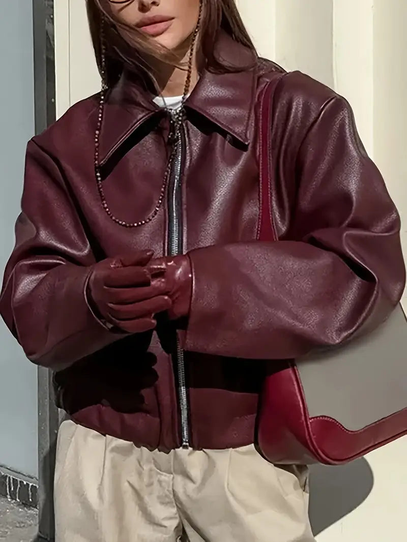Cropped faux leather jacket for women in burgundy, black, maroon or dark brown