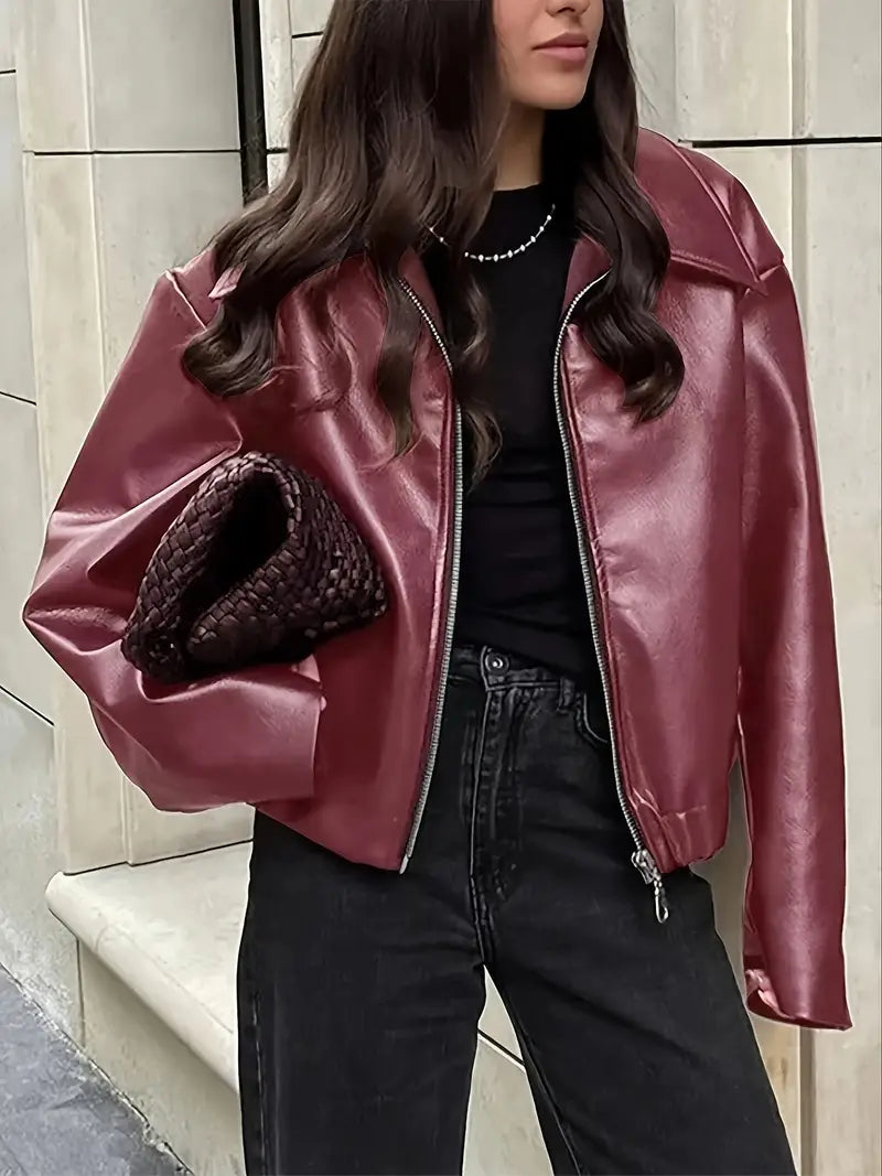 Cropped faux leather jacket for women in burgundy, black, maroon or dark brown