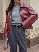 Cropped faux leather jacket for women in burgundy, black, maroon or dark brown