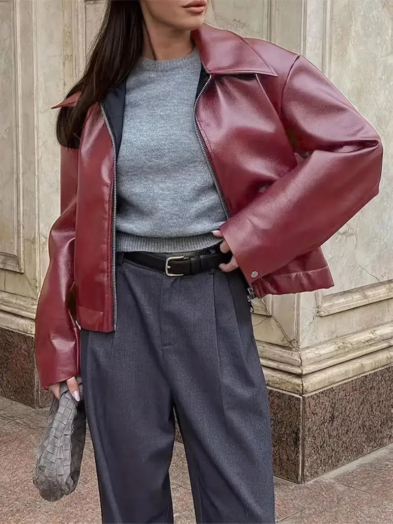 Cropped faux leather jacket for women in burgundy, black, maroon or dark brown