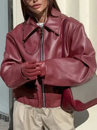 Cropped faux leather jacket for women in burgundy, black, maroon or dark brown