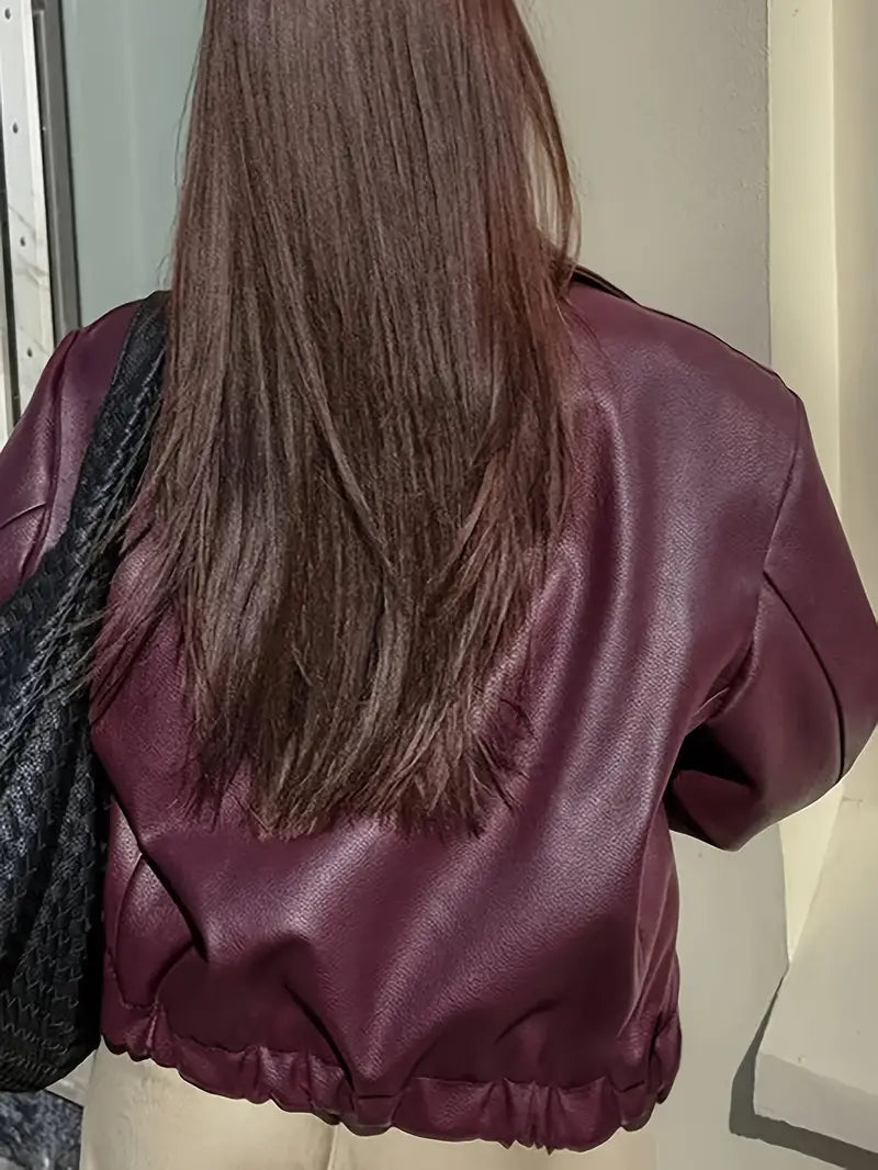 Cropped faux leather jacket for women in burgundy, black, maroon or dark brown