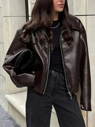 Cropped faux leather jacket for women in burgundy, black, maroon or dark brown