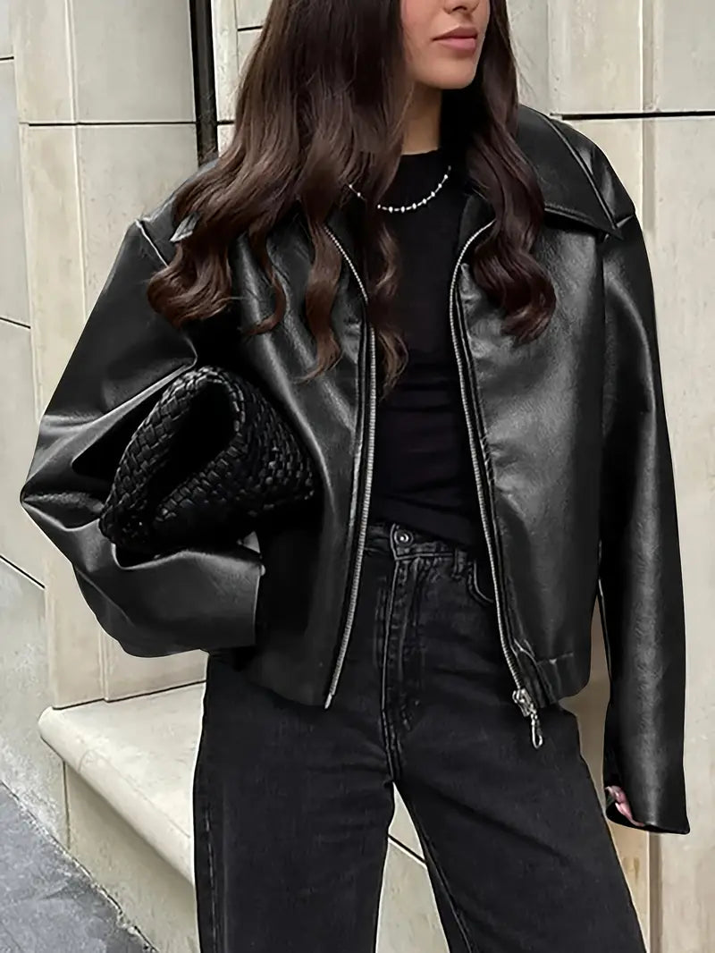Cropped faux leather jacket for women in burgundy, black, maroon or dark brown