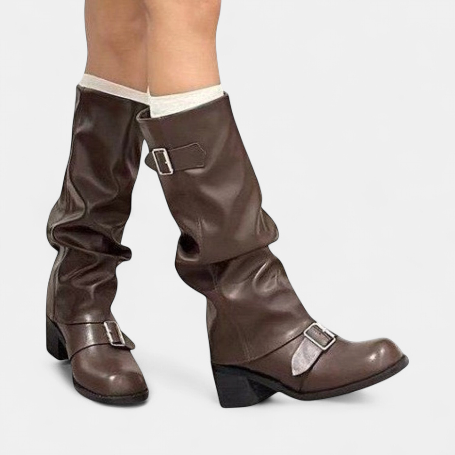 Double buckle faux leather knee-high slouch boots for women