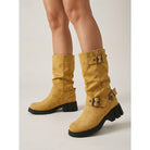 Buckled mid-calf slouch boots for women