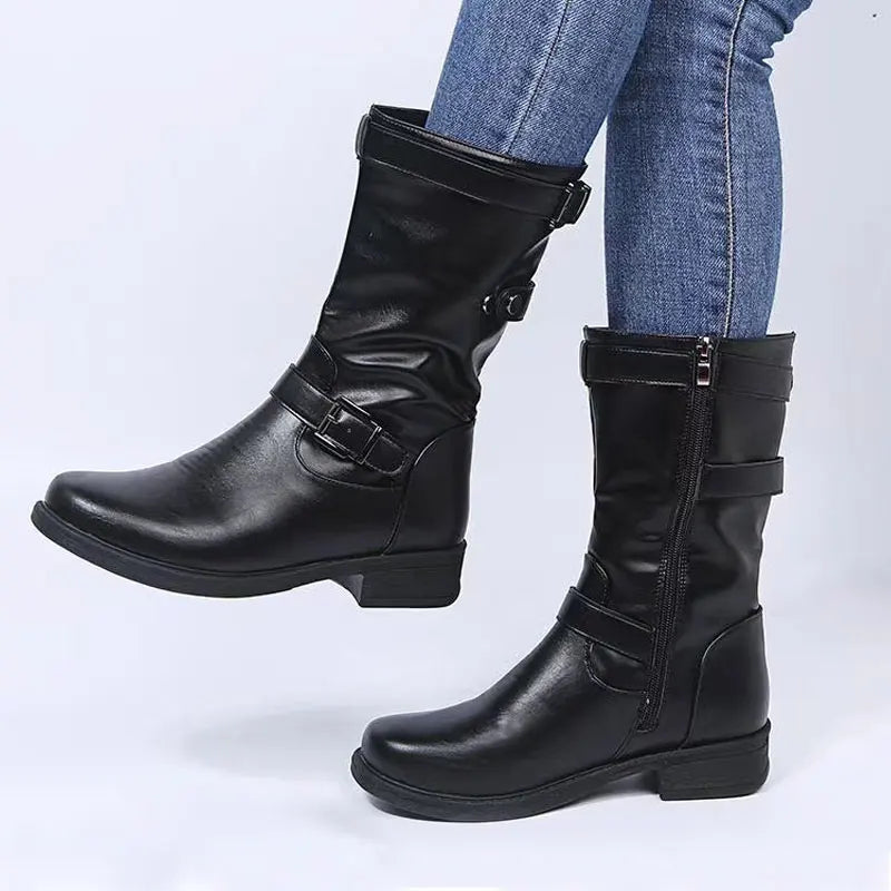 Side-zip mid-calf triple buckle boots for women