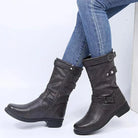 Side-zip mid-calf triple buckle boots for women
