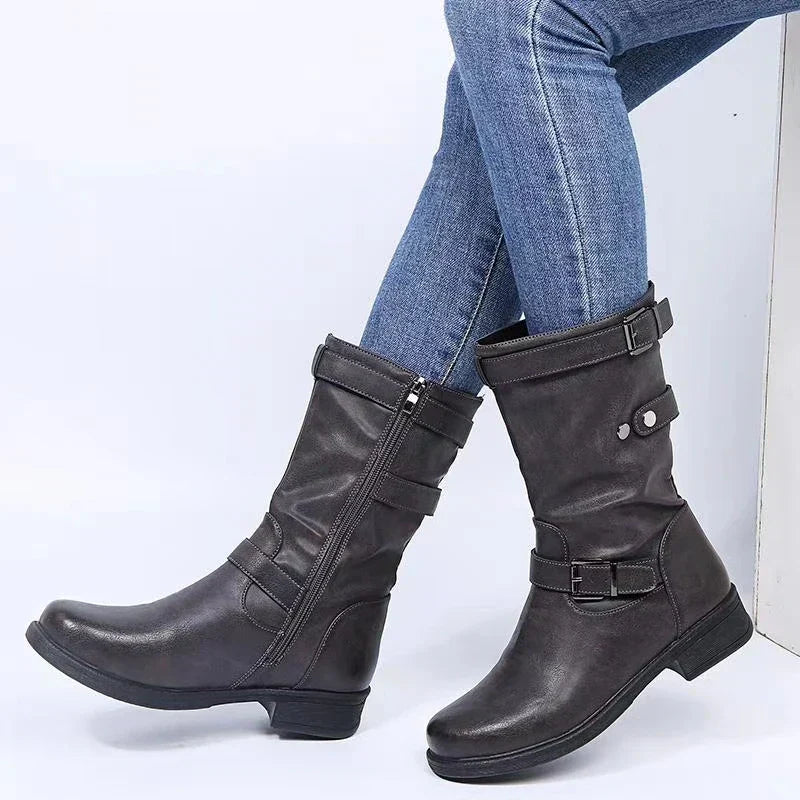 Side-zip mid-calf triple buckle boots for women