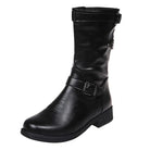Side-zip mid-calf triple buckle boots for women