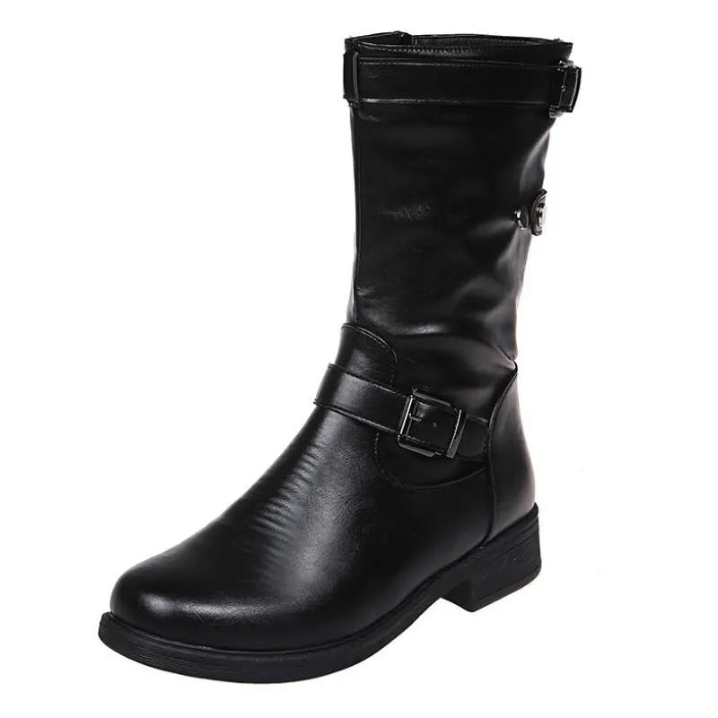 Side-zip mid-calf triple buckle boots for women