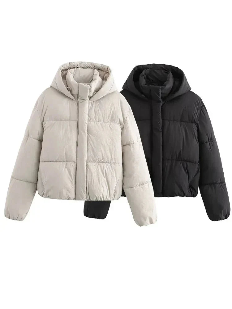 Hooded relaxed cropped puffer jacket for women