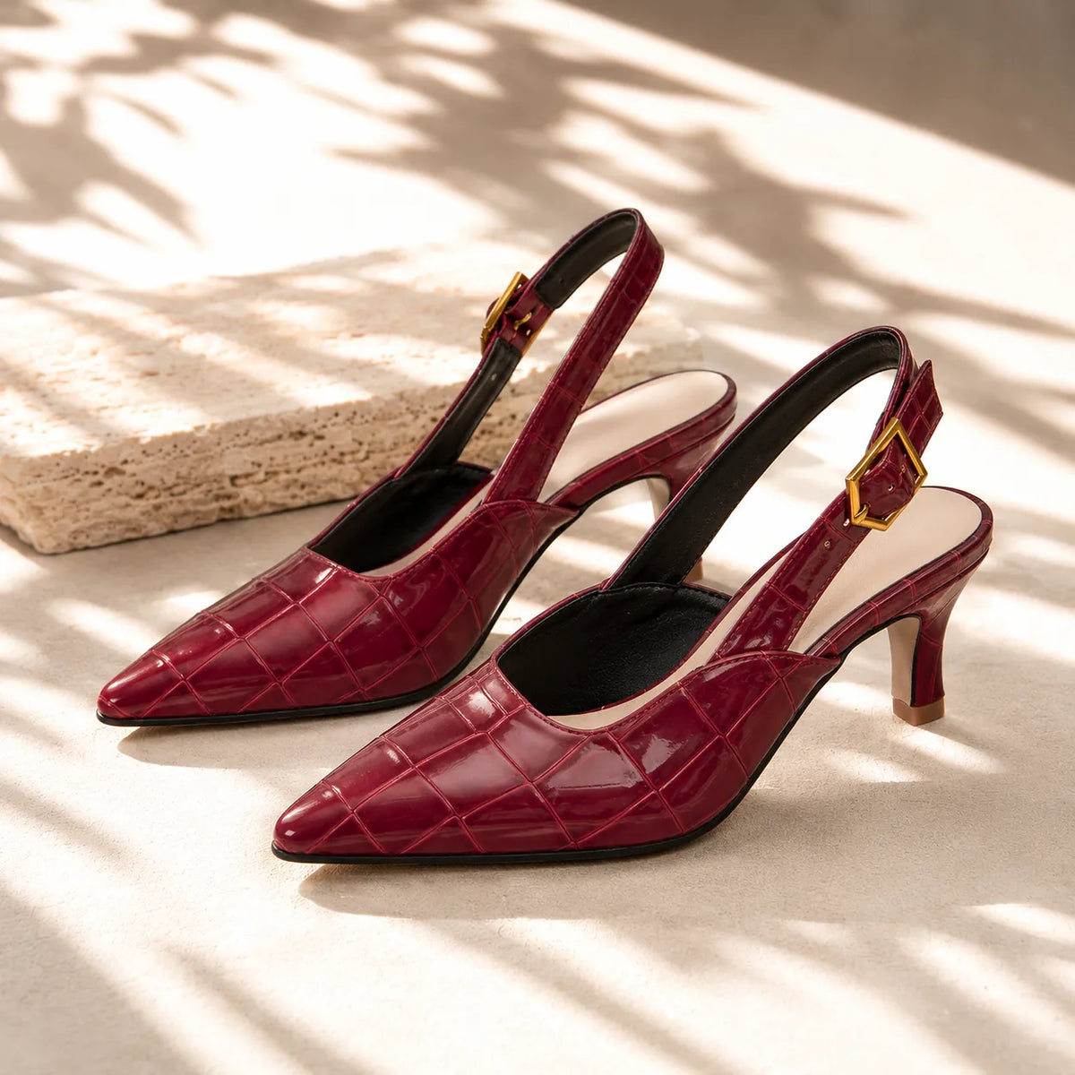Croc-effect slingback kitten heels for women