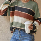 Striped color block sweater in burgundy, apricot and olive for women