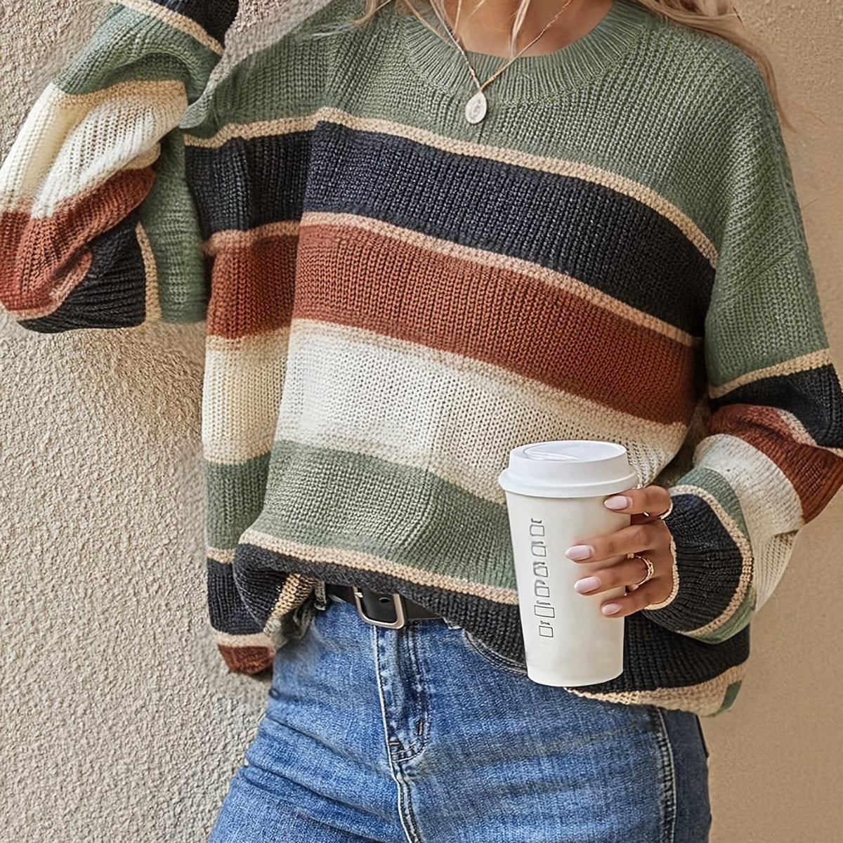 Striped color block sweater in burgundy, apricot and olive for women