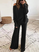 Asymmetric knit wide-leg lounge set in black for women
