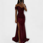 Off-shoulder sequin maxi dress with high slit for women