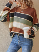 Striped color block sweater in burgundy, apricot and olive for women