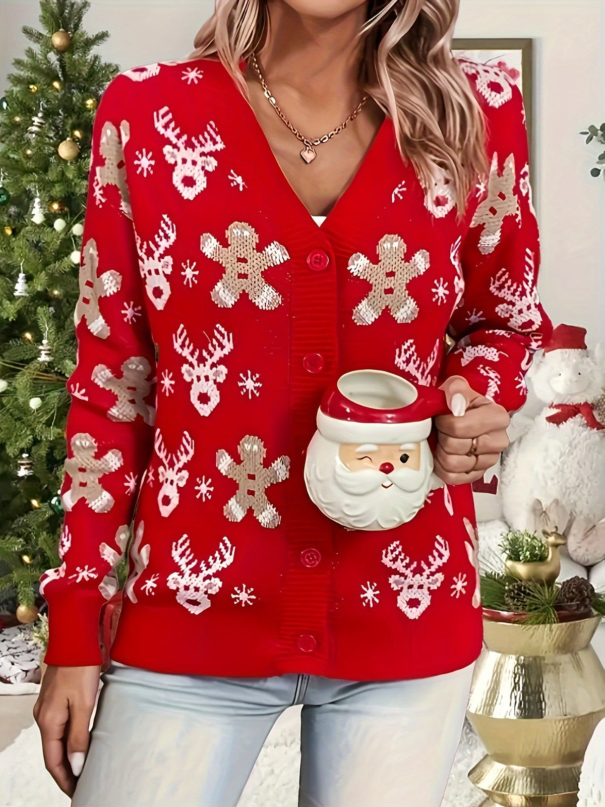 Red sequin Christmas cardigan with button front for women