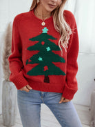 Red Christmas sweater with tree print for women