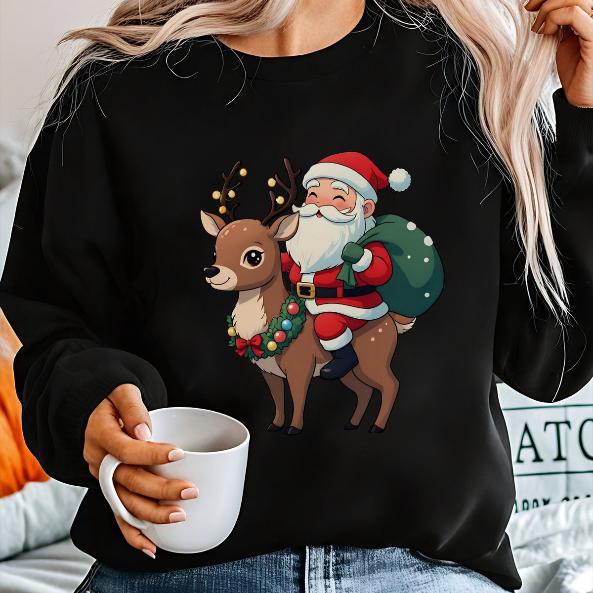 Christmas sweater with Santa and reindeer print for women