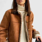 Suede-look jacket with sherpa trim in brown for women