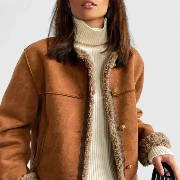 Suede-look jacket with sherpa trim in brown for women